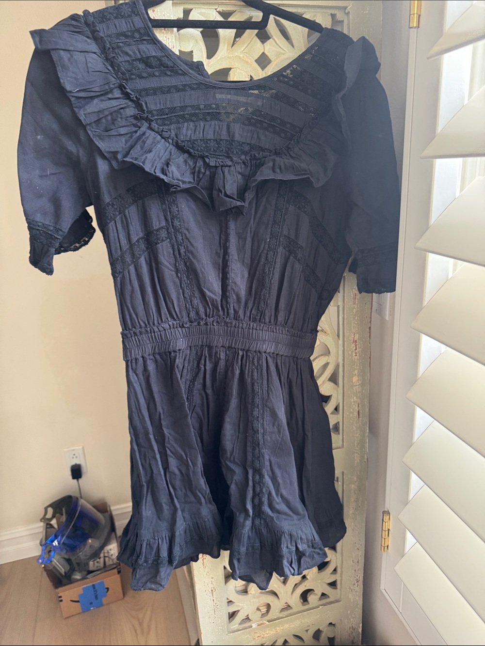 LoveShackFancy Navy Ruffled Short Sleeve Dress
